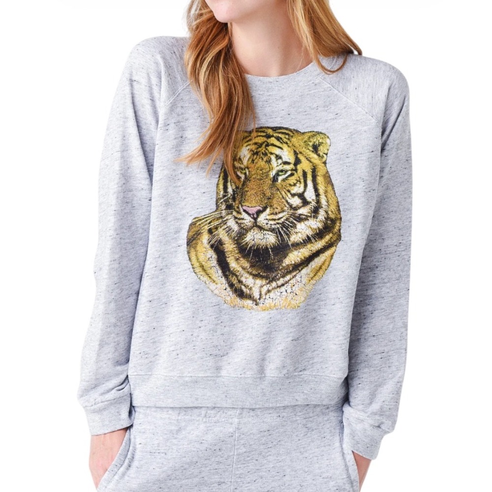 MONROW Gray Heather w/Black Slub Flecks TIGER SWEATSHIRT Raglan Top Sweater M